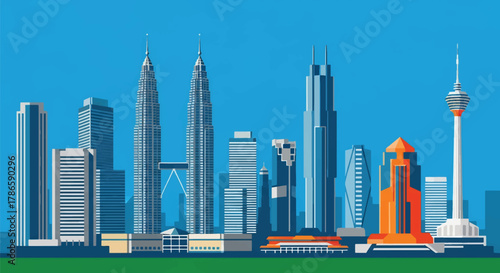 Flat vector skyline of Kuala Lumpur with two matching skyscrapers connected by elevated deck. Solid bold colors, no gradients. Ideal for travel design, posters, and editorial use