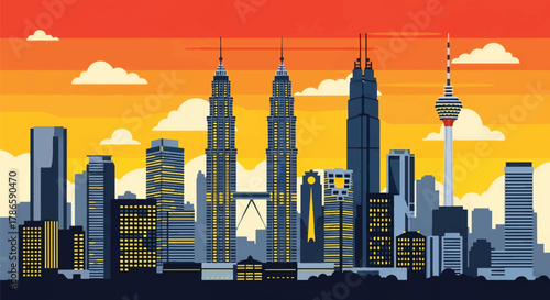 Flat vector skyline of Kuala Lumpur with two matching skyscrapers connected by elevated deck. Solid bold colors, no gradients. Ideal for travel design, posters, and editorial use