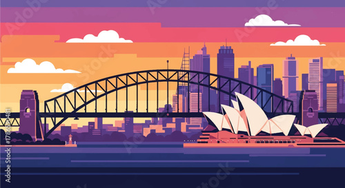 Flat vector skyline of Sydney with curved harbor bridge and sail-shaped building forms. Solid colors, clean minimal shapes, no gradients. Ideal for travel ads, posters, and editorial layout
