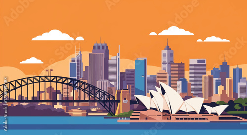 Flat vector skyline of Sydney with curved harbor bridge and sail-shaped building forms. Solid colors, clean minimal shapes, no gradients. Ideal for travel ads, posters, and editorial layout