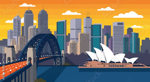 Flat vector skyline of Sydney with curved harbor bridge and sail-shaped building forms. Solid colors, clean minimal shapes, no gradients. Ideal for travel ads, posters, and editorial layout