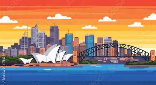 Flat vector skyline of Sydney with curved harbor bridge and sail-shaped building forms. Solid colors, clean minimal shapes, no gradients. Ideal for travel ads, posters, and editorial layout