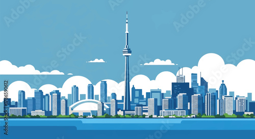 Flat vector skyline of Toronto showing slim central tower and waterfront building blocks. Solid clean colors, no gradients. Perfect for travel banners and editorial design