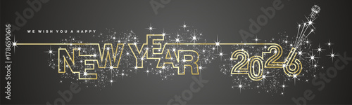 We wish you Happy New Year 2026 line design shiny glitter sparkler firework open champagne 2026 new year eve white golden black vector wallpaper long banner greeting card