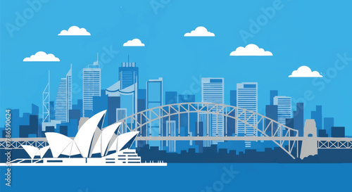 Flat vector skyline of Sydney with curved harbor bridge and sail-shaped building forms. Solid colors, clean minimal shapes, no gradients. Ideal for travel ads, posters, and editorial layout