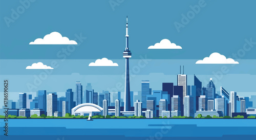 Flat vector skyline of Toronto showing slim central tower and waterfront building blocks. Solid clean colors, no gradients. Perfect for travel banners and editorial design