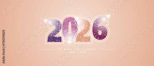 We wish you a Happy New Year 2026 light trendy colors shining glitter typography with neon outline 2026. New Year on beige background