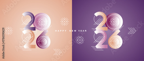 New Year 2026. Beautiful style modern trendy colors shining design numbers in square compact composition with christmas winter elements drawn in line shapes beige purple color greeting card