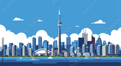 Flat vector skyline of Toronto showing slim central tower and waterfront building blocks. Solid clean colors, no gradients. Perfect for travel banners and editorial design