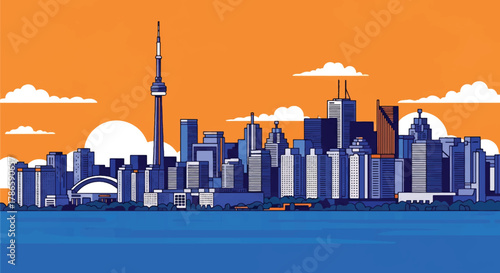 Flat vector skyline of Toronto showing slim central tower and waterfront building blocks. Solid clean colors, no gradients. Perfect for travel banners and editorial design