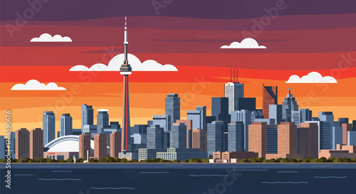 Photography Flat vector skyline of Toronto showing slim central tower and waterfront building blocks