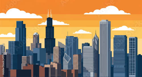 Flat vector skyline of Chicago emphasizing strong rectangular skyscrapers with sharp vertical structure. Solid bold palette, no gradients. Designed for travel, tech, and editorial use