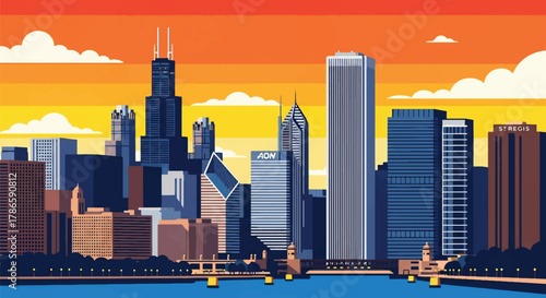 Flat vector skyline of Chicago emphasizing strong rectangular skyscrapers with sharp vertical structure. Solid bold palette, no gradients. Designed for travel, tech, and editorial use