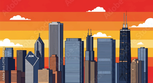Flat vector skyline of Chicago emphasizing strong rectangular skyscrapers with sharp vertical structure. Solid bold palette, no gradients. Designed for travel, tech, and editorial use