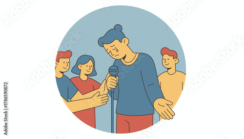 A singer expressing vulnerability as they perform a heartfelt ballad with close friends offering support and encouragement in the audience.