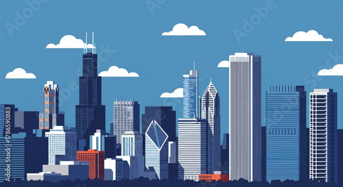 Flat vector skyline of Chicago emphasizing strong rectangular skyscrapers with sharp vertical structure. Solid bold palette, no gradients. Designed for travel, tech, and editorial use
