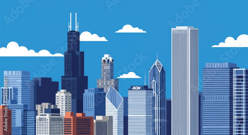 Flat vector skyline of Chicago emphasizing strong rectangular skyscrapers with sharp vertical structure. Solid bold palette, no gradients. Designed for travel, tech, and editorial use