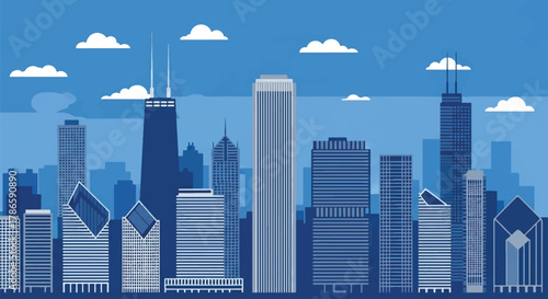 Flat vector skyline of Chicago emphasizing strong rectangular skyscrapers with sharp vertical structure. Solid bold palette, no gradients. Designed for travel, tech, and editorial use