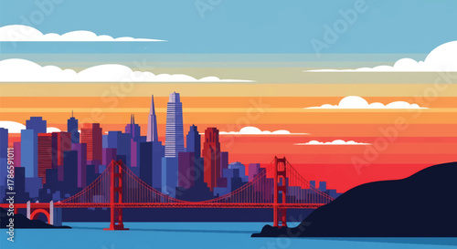 Flat vector skyline of San Francisco featuring suspension bridge and sloped city blocks. Solid clean colors, no gradients. Ideal for tech branding and travel graphics