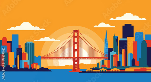 Flat vector skyline of San Francisco featuring suspension bridge and sloped city blocks. Solid clean colors, no gradients. Ideal for tech branding and travel graphics