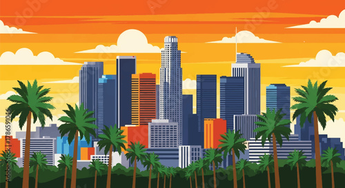 Flat vector skyline of Los Angeles with palm trees and horizontal tower blocks. Solid color shapes, clean minimal design, no gradients. Ideal for lifestyle and travel themes
