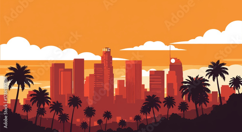Flat vector skyline of Los Angeles with palm trees and horizontal tower blocks. Solid color shapes, clean minimal design, no gradients. Ideal for lifestyle and travel themes