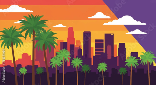 Flat vector skyline of Los Angeles with palm trees and horizontal tower blocks. Solid color shapes, clean minimal design, no gradients. Ideal for lifestyle and travel themes
