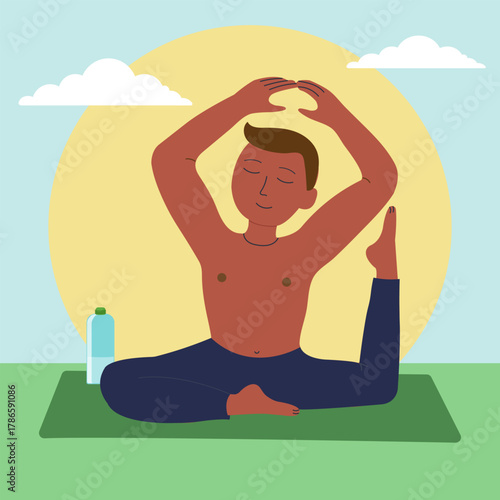 Dark-skinned man doing yoga, Hindu, eyes closed, a bottle of water nearby, a yoga mat, sun, clouds