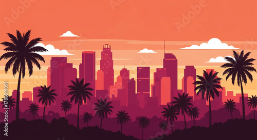 Flat vector skyline of Los Angeles with palm trees and horizontal tower blocks. Solid color shapes, clean minimal design, no gradients. Ideal for lifestyle and travel themes