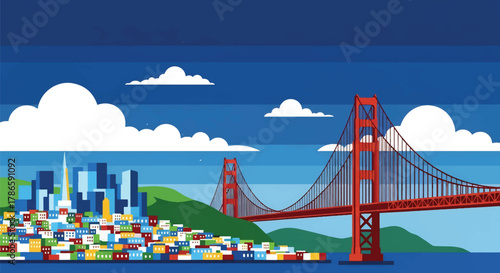 Flat vector skyline of San Francisco featuring suspension bridge and sloped city blocks. Solid clean colors, no gradients. Ideal for tech branding and travel graphics