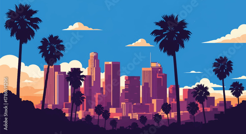 Flat vector skyline of Los Angeles with palm trees and horizontal tower blocks. Solid color shapes, clean minimal design, no gradients. Ideal for lifestyle and travel themes