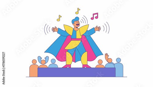 A performer dressed in a flamboyant costume exuding charisma on stage engaging the audience to join in and sing along.