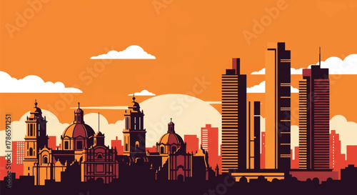 Flat vector skyline of Mexico City combining cathedral dome silhouettes with modern towers. Solid strong colors, no gradients. Perfect for cultural travel graphics and editorial layouts