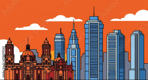 Flat vector skyline of Mexico City combining cathedral dome silhouettes with modern towers. Solid strong colors, no gradients. Perfect for cultural travel graphics and editorial layouts