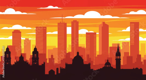 Flat vector skyline of Mexico City combining cathedral dome silhouettes with modern towers. Solid strong colors, no gradients. Perfect for cultural travel graphics and editorial layouts