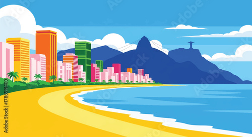 Flat vector skyline of Rio de Janeiro with mountain ridge and iconic hill statue silhouette. Solid tropical tones, no gradients. Ideal for travel campaigns and editorial design