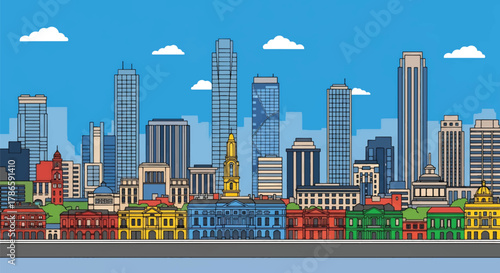 Flat vector skyline of Buenos Aires featuring colorful low-rise architecture and riverfront shape. Solid pastel tones, no gradients. Great for travel branding and editorial use