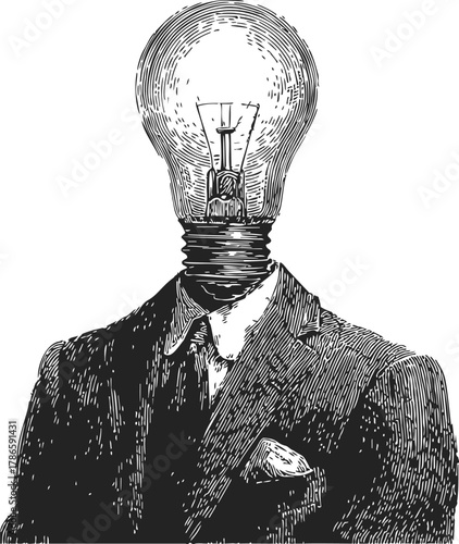 Light bulb head, hand drawn sketch line art, businessman with incandescent bulb replacing head — stock vector