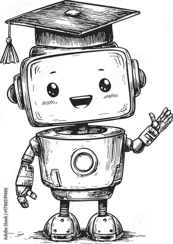 Robot graduate sketch, hand drawn style, wearing graduation cap and smiling — stock vector