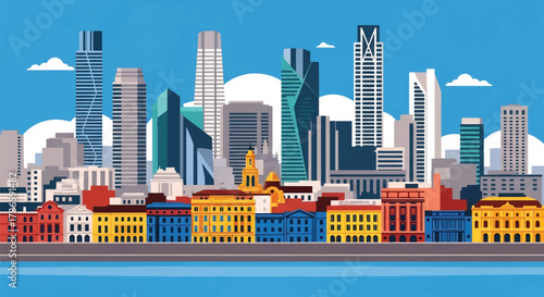 Flat vector skyline of Buenos Aires featuring colorful low-rise architecture and riverfront shape. Solid pastel tones, no gradients. Great for travel branding and editorial use