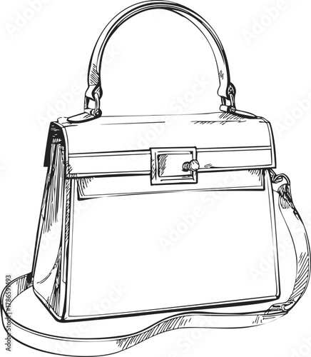 Handbag sketch, hand drawn style, elegant structured purse with top handle and shoulder strap — stock vector