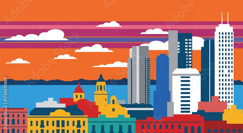 Flat vector skyline of Buenos Aires featuring colorful low-rise architecture and riverfront shape. Solid pastel tones, no gradients. Great for travel branding and editorial use