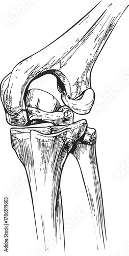 Knee joint anatomy, hand drawn sketch line art illustration showing bones and cartilage — stock vector