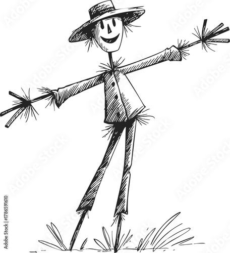 Scarecrow, hand drawn sketch with straw, smiling face and hat — stock vector