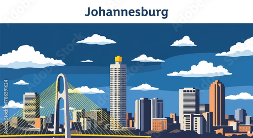 Flat vector skyline of Johannesburg with communication tower and clustered modern buildings. Solid warm colors, no gradients. Ideal for business and travel visuals