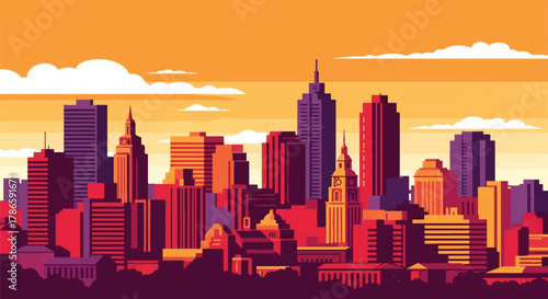 Flat vector skyline of Johannesburg with communication tower and clustered modern buildings. Solid warm colors, no gradients. Ideal for business and travel visuals