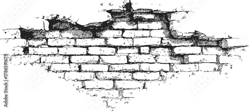 Brick wall sketch, hand drawn, partially damaged with rough edges — stock vector