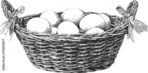 Egg basket sketch, hand drawn wicker basket with eggs and ribbon bows — stock vector
