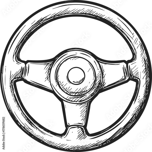 Steering wheel sketch hand drawn three spoke classic car part — stock vector