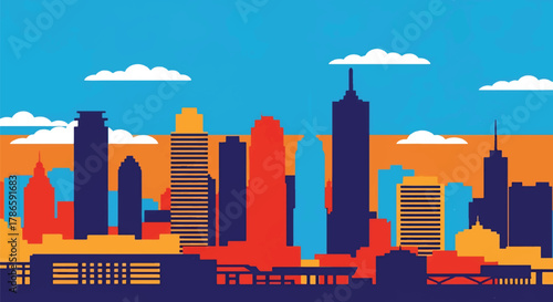 Flat vector skyline of Johannesburg with communication tower and clustered modern buildings. Solid warm colors, no gradients. Ideal for business and travel visuals